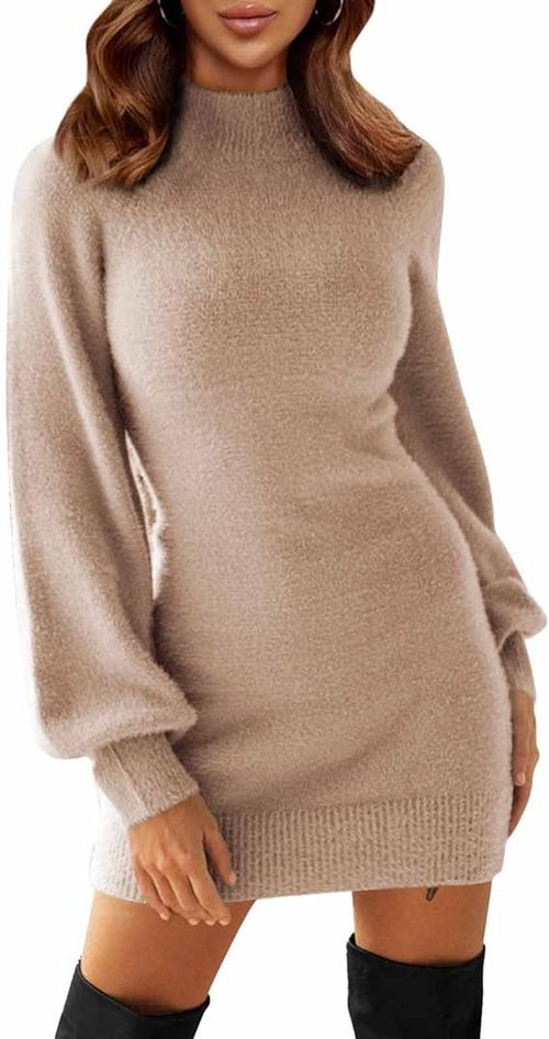Women's 2023 Mock Neck Ribbed Long Sleeve Bodycon Pullover Cute Mini Sweater Dress