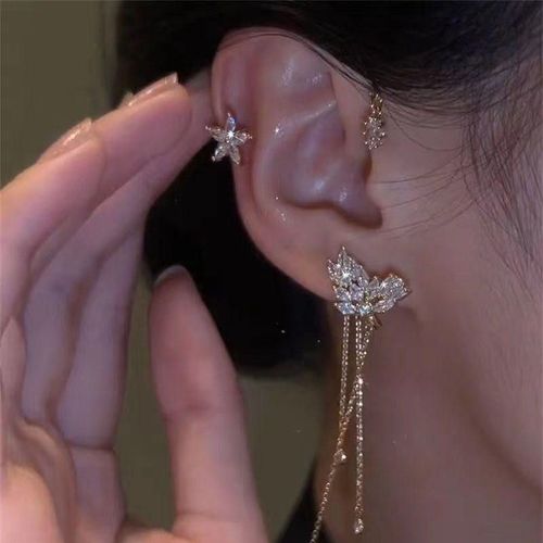 Left Ear Wheat Ear Tassel Clip-On Earrings - Diamond-Inlaid Cartilage Clips, No Piercing Niche Light Luxury Style