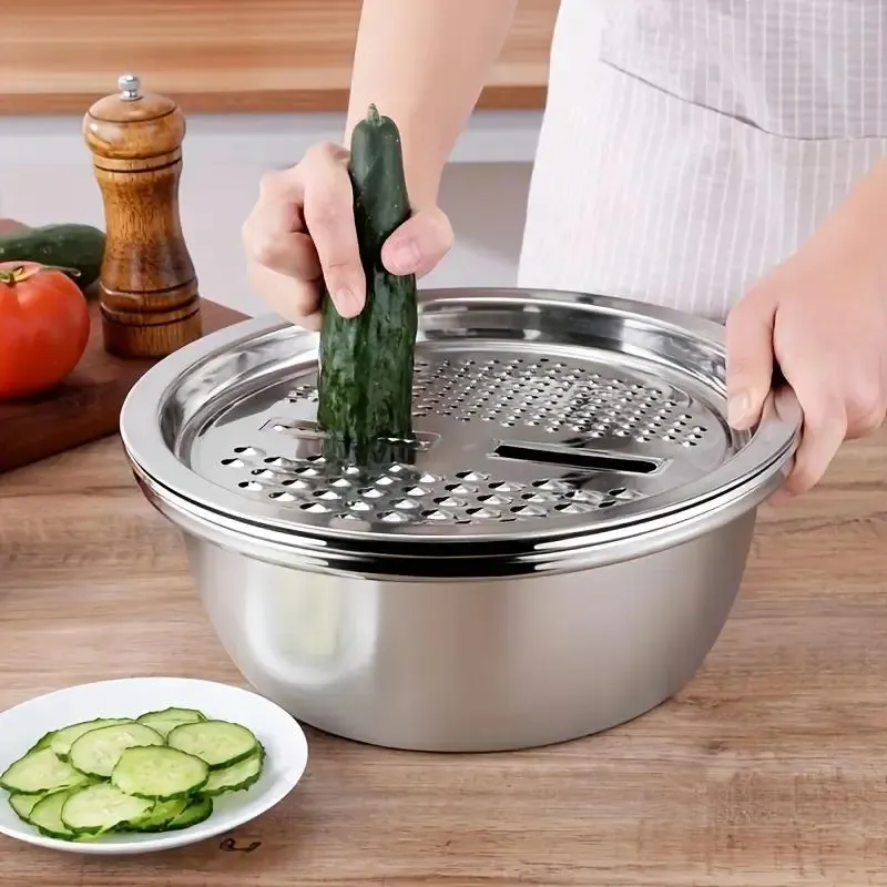 201 Stainless Steel 3-in-1 Multi-functional Kitchen Basin Set, Vegetable Grater Cutting Tool, Drain Basket, Rice Washing Colander, Shaving & Washing Bowl 3PCS Kit