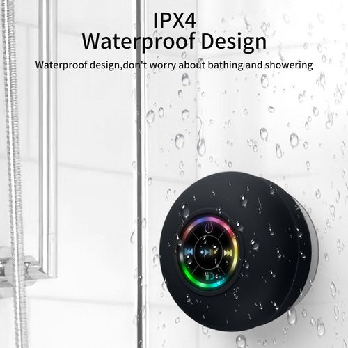 Waterproof Black Bluetooth Speaker with Large Suction Cup & LED Lights, Portable Shower Speaker for Bathroom & Outdoor