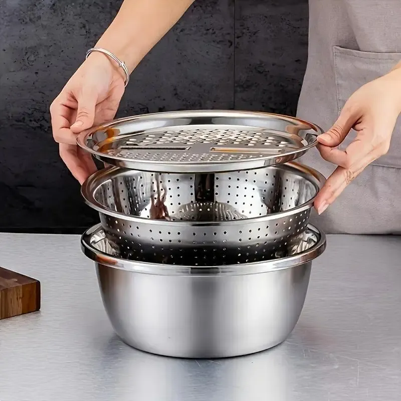 201 Stainless Steel 3-in-1 Multi-functional Kitchen Basin Set, Vegetable Grater Cutting Tool, Drain Basket, Rice Washing Colander, Shaving & Washing Bowl 3PCS Kit