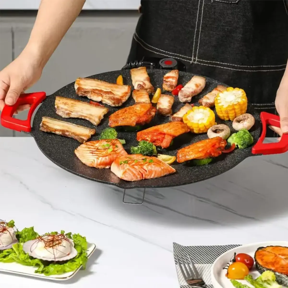 40cm Home Electric Grill Pan, Smokeless Non-Stick Korean BBQ Grill Plate, Multi-functional Electric Barbecue Roaster for Indoor Grilling Frying Meat