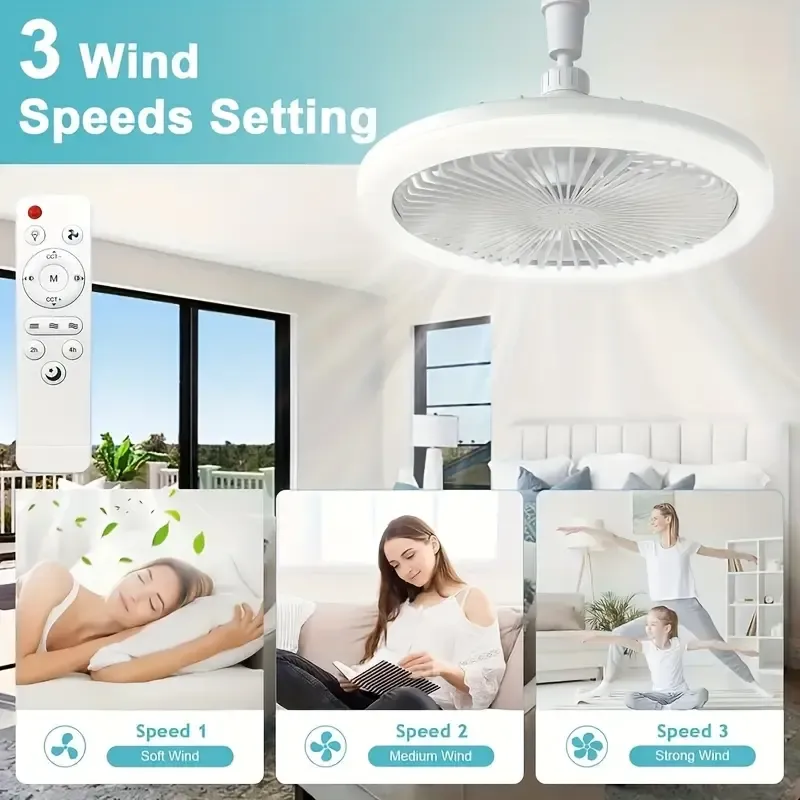 New E27 Screw Ceiling Fan Light, Smart Remote Control Silent LED Ceiling Fan Lamp, 3-Speed Wind & 3-Color Dimmable for Living Room Bedroom Home Lighting