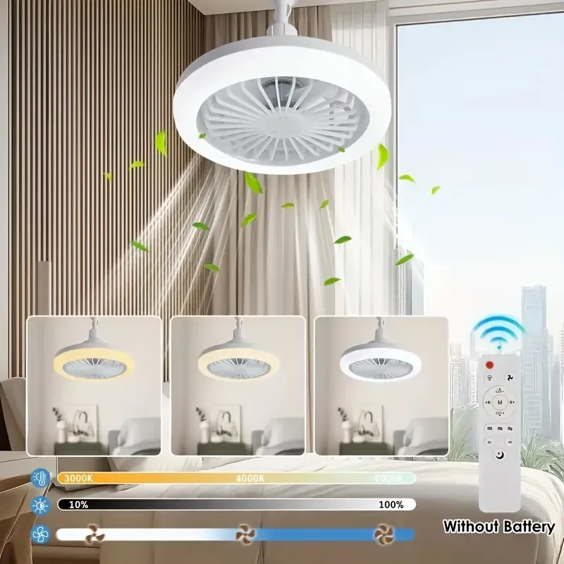 New E27 Screw Ceiling Fan Light, Smart Remote Control Silent LED Ceiling Fan Lamp, 3-Speed Wind & 3-Color Dimmable for Living Room Bedroom Home Lighting