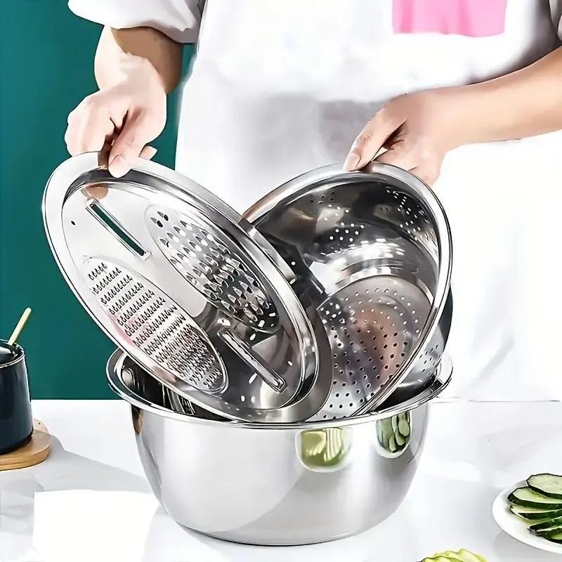 201 Stainless Steel 3-in-1 Multi-functional Kitchen Basin Set, Vegetable Grater Cutting Tool, Drain Basket, Rice Washing Colander, Shaving & Washing Bowl 3PCS Kit