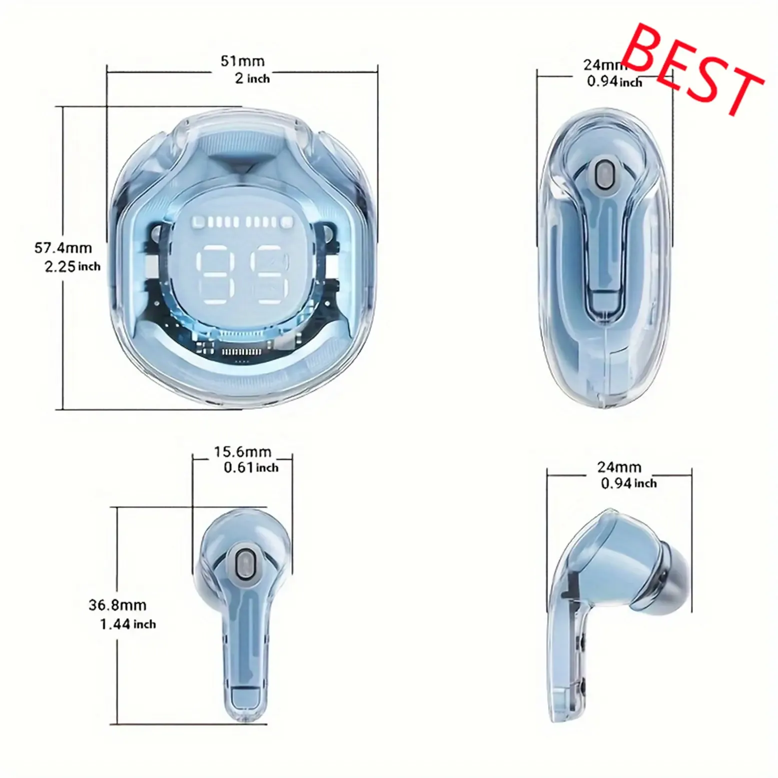 Air31 Transparent TWS Wireless Bluetooth Earbuds LED Digital Display In-Ear Stereo Sports Headphones