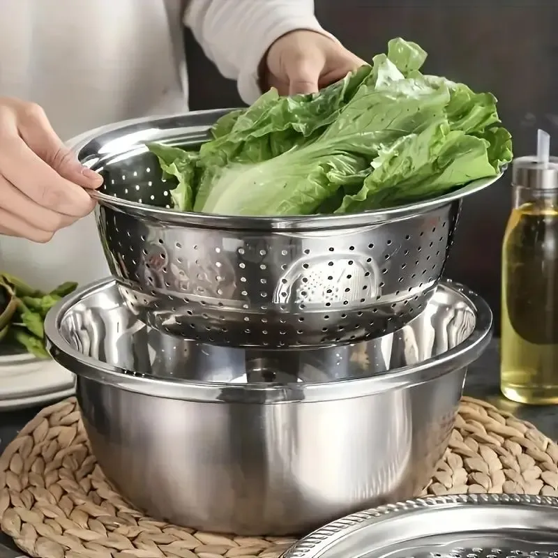 201 Stainless Steel 3-in-1 Multi-functional Kitchen Basin Set, Vegetable Grater Cutting Tool, Drain Basket, Rice Washing Colander, Shaving & Washing Bowl 3PCS Kit