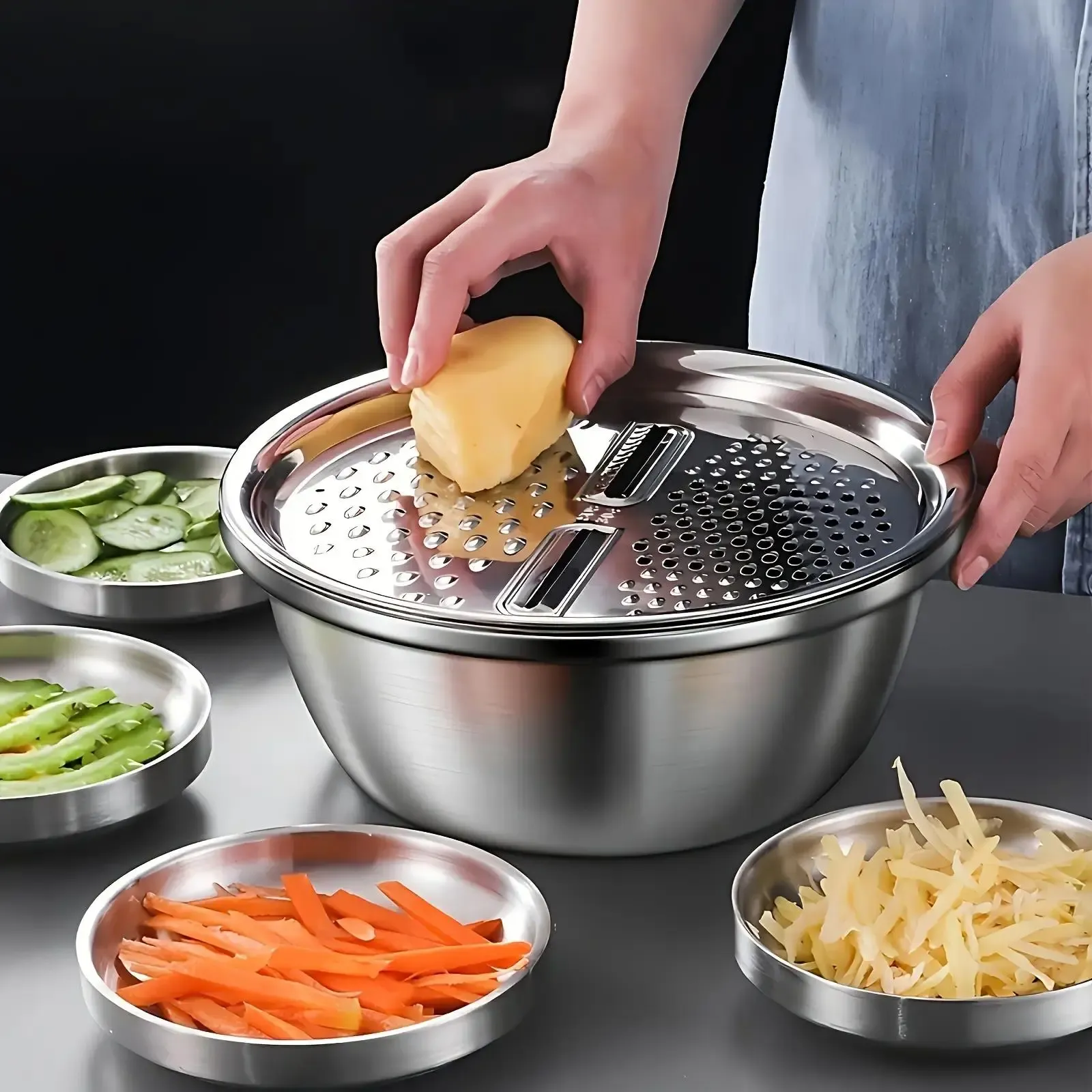 201 Stainless Steel 3-in-1 Multi-functional Kitchen Basin Set, Vegetable Grater Cutting Tool, Drain Basket, Rice Washing Colander, Shaving & Washing Bowl 3PCS Kit