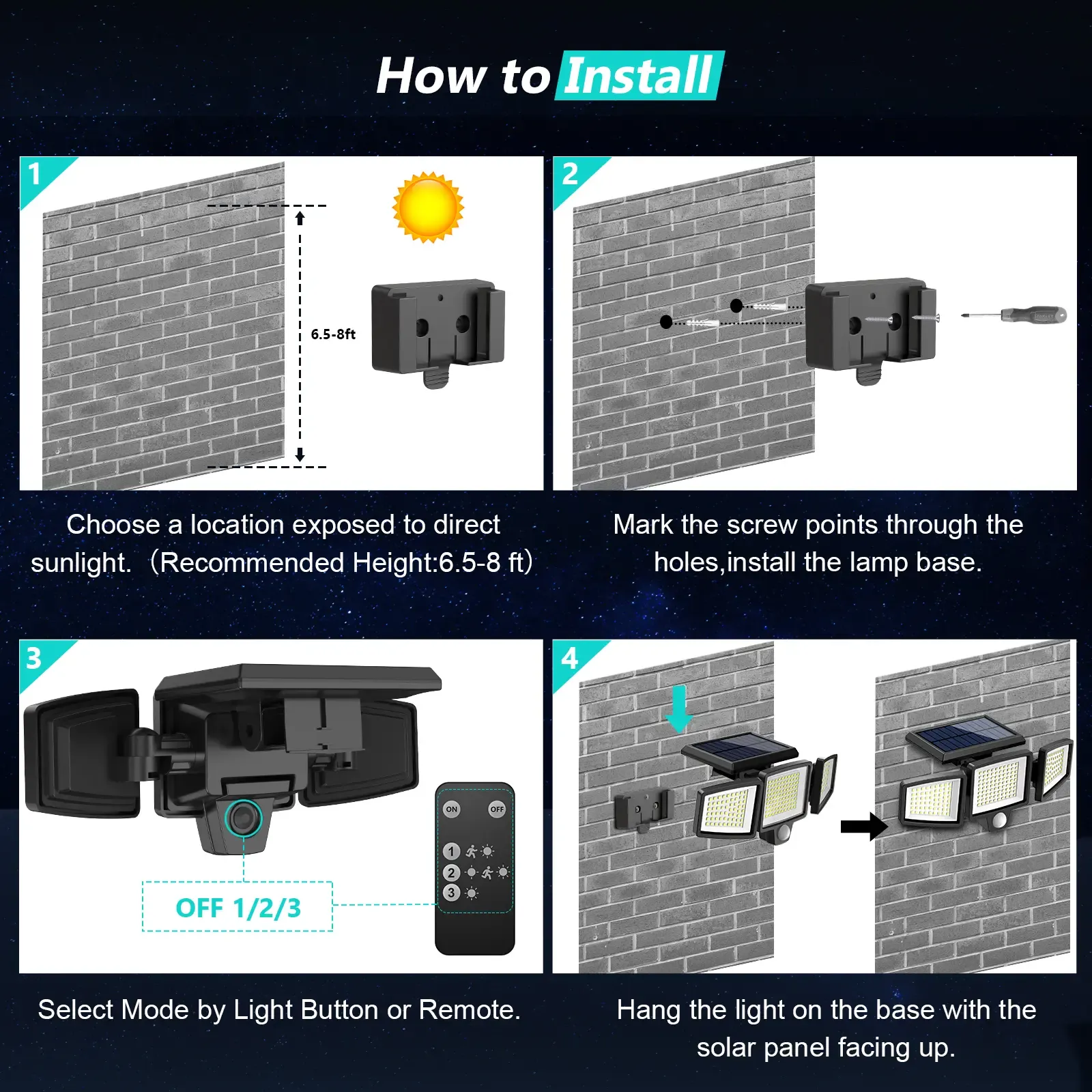 Outdoor Solar Powered Wall Lamp IP65 Waterproof Long Endurance Lighting Human Body Induction Three-Head Garden Light