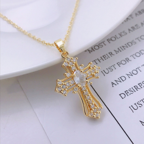 Glamorous Gold-Tone Crystal Cross Necklace