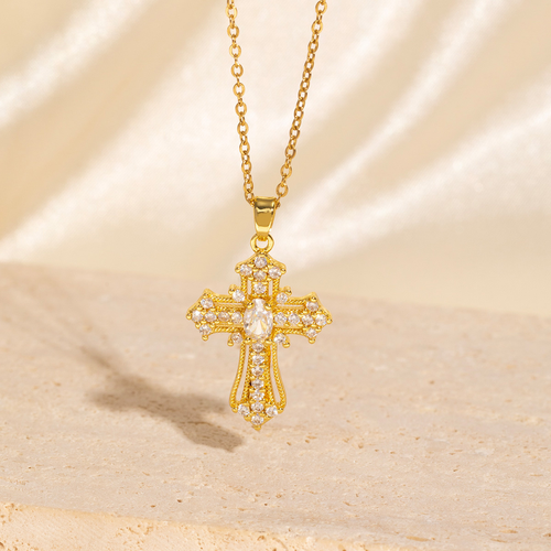 Glamorous Gold-Tone Crystal Cross Necklace