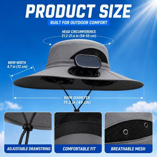 Fan Hat for Men And Women, Solar Wide Brim Sun Hat with Dual Cooling Fans, Adjustable Airflow Outdoor Hat for Summer Travel, Gardening, Hiking, Camping And Yard Work