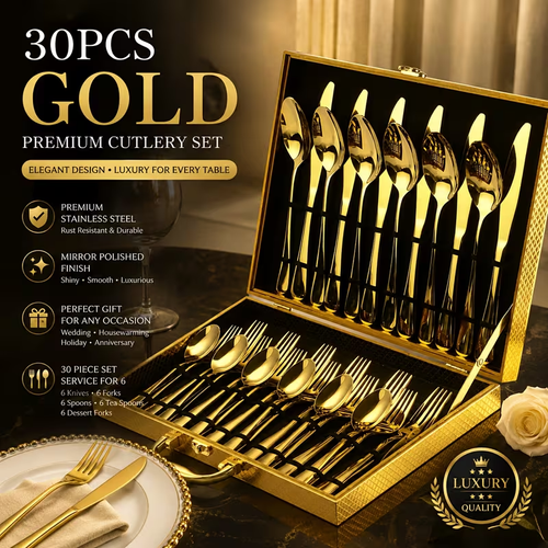 30pcs Golden Stainless Steel Cutlery Set with Mirror Polish