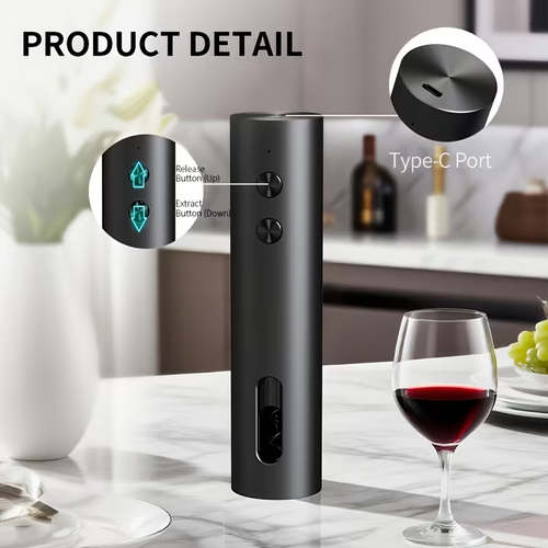 Rechargeable Electric Wine Opener with Foil Cutter, Wine Pourer, Vacuum Stopper and Storage Base