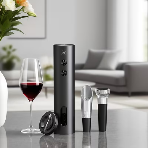 Rechargeable Electric Wine Opener with Foil Cutter, Wine Pourer, Vacuum Stopper and Storage Base