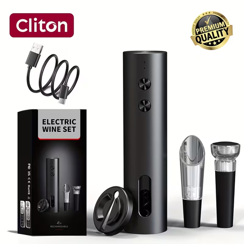 Rechargeable Electric Wine Opener with Foil Cutter, Wine Pourer, Vacuum Stopper and Storage Base