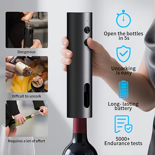 Rechargeable Electric Wine Opener with Foil Cutter, Wine Pourer, Vacuum Stopper and Storage Base