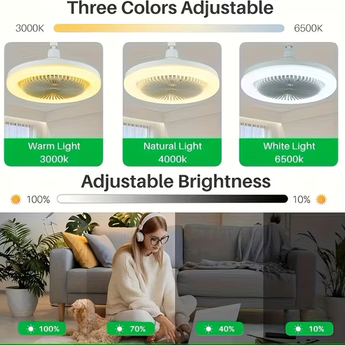 Ceiling Fan Light, with Light And Remote Control, Room Decor, Adjustable In All Directions, E26 Base Ceiling Fan Light, Fan Adjustable In 3 Levels, 3 Colors 3000-6500K DimmableIntelligent LED Light, with Timed Night Light Function