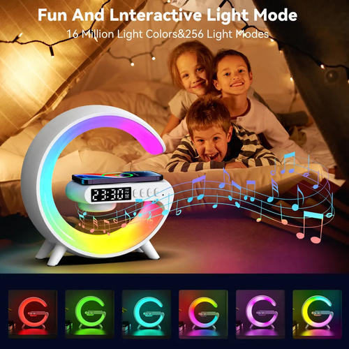 Night Light LED Atmosphere Lamp Table Wireless Charger Fast Charging with App Control Blue Tooth Speaker Alarm Clock for Bedroom