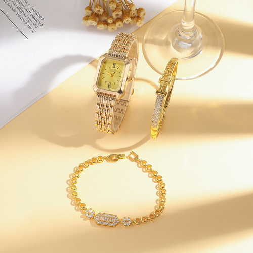 Fashionable & Minimalist Square Quartz Watch with Crystal Bracelet Set