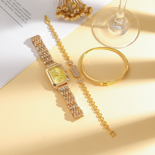 Fashionable & Minimalist Square Quartz Watch with Crystal Bracelet Set