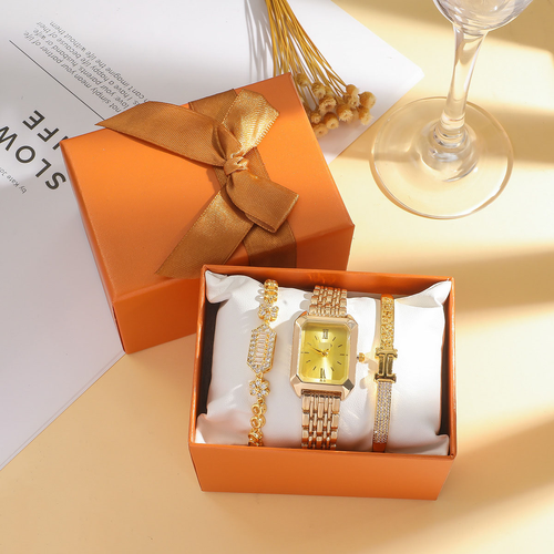 Fashionable & Minimalist Square Quartz Watch with Crystal Bracelet Set