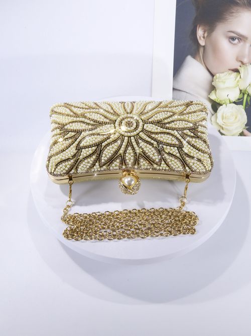 Luxury Pearl - Embellished Metal Clutch Purse for Special Occasions