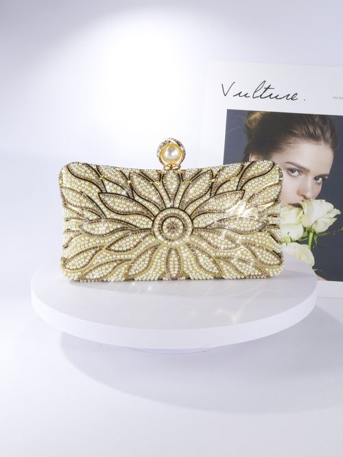 Luxury Pearl - Embellished Metal Clutch Purse for Special Occasions