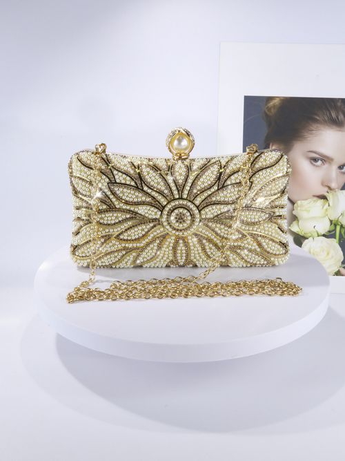 Luxury Pearl - Embellished Metal Clutch Purse for Special Occasions