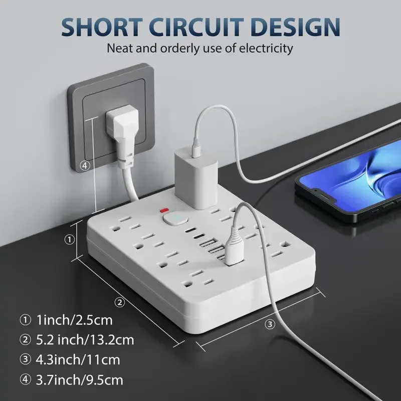 14-in-1 Power Strip with Switch & Surge Protection, Multifunctional Power Strip with 8 AC Outlets & 4 USB & 2 Type-C, Suitable for Office, Home and Travel