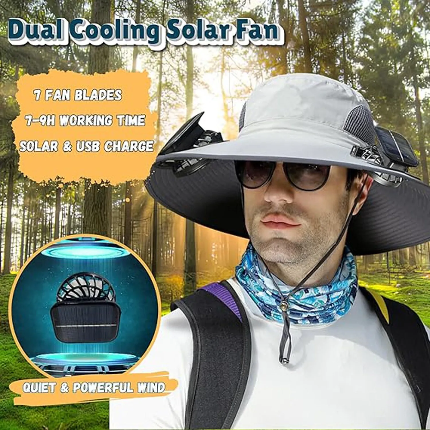 Solar Powered Fan Wide Brim Hat with 2 Fans forFishing Hiking