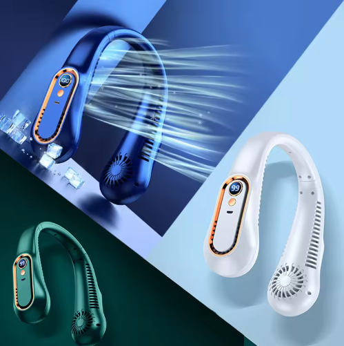 Ventoinha de pescoço sem lâminas que arrefece todo o corpo em 3 segundos, libertando as mãos não provoca desconforto no transporte, a cozinhar ou em exposição solar ao ar livre.