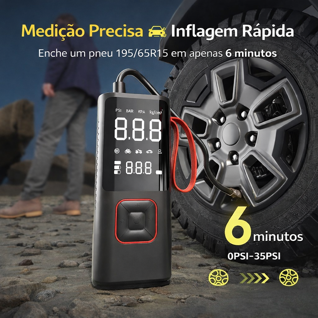 🚗 Fonte de alimentação multifuncional de emergência para automóvel - Bomba de ar inteligente - Power Bank portátil (3 em 1)