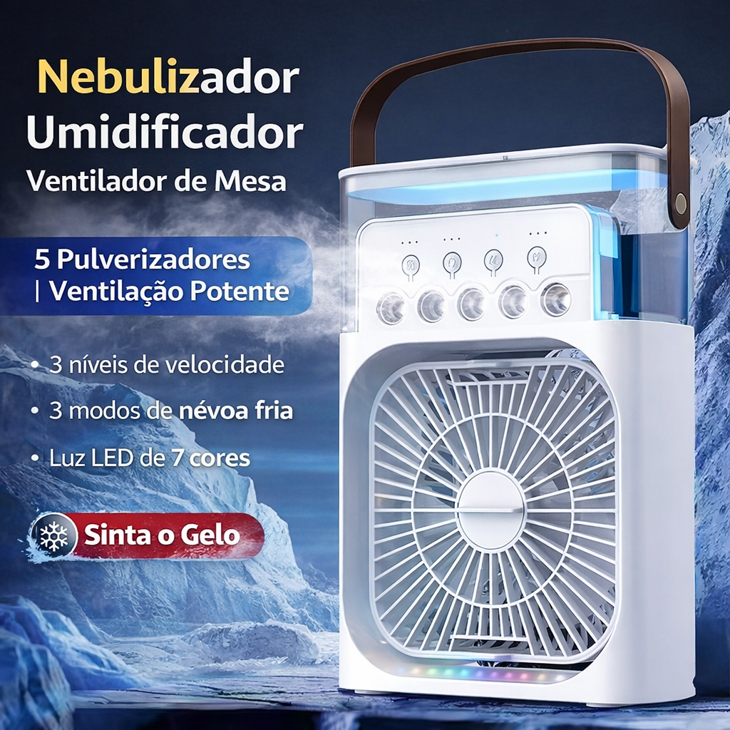 ❄️ Ventilador de Mesa Inteligente com Nebulização 🌬️ Super Fresco • 5 Bicos de Spray • Mais Frio que Ar Condicionado