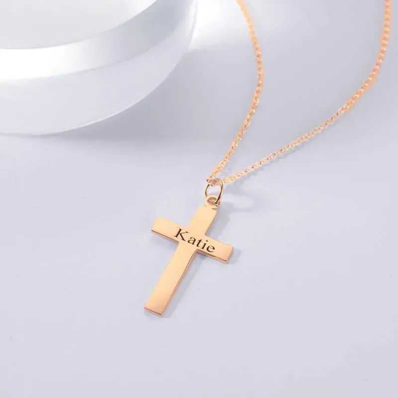 Engraved Necklace Cross Necklace Rose Gold Plated - Silver