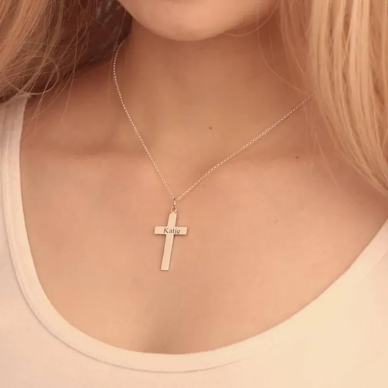 Engraved Necklace Cross Necklace Rose Gold Plated - Silver