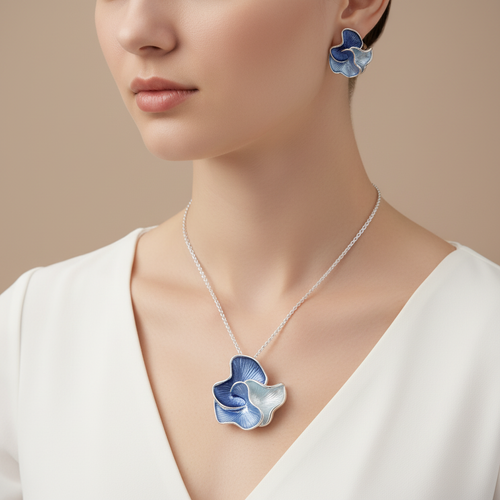 Colorful painted oil geometric petal earrings, ring, and pendant set