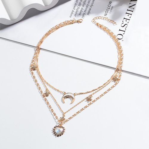 Long alloy necklace with heart and moon design, clavicle chain