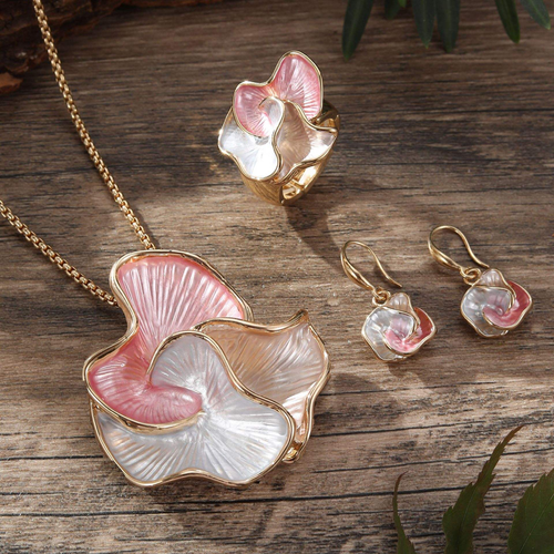 Colorful painted oil geometric petal earrings, ring, and pendant set