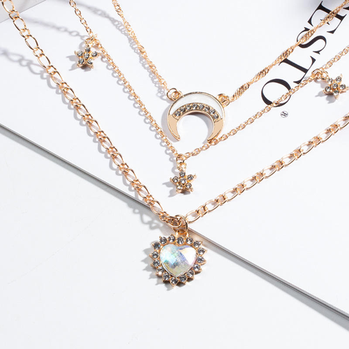Long alloy necklace with heart and moon design, clavicle chain