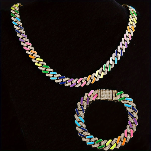 Hip-Hop Colorful Shaped Men'S Cuban Chain Fully Studded Necklace and Bracelet