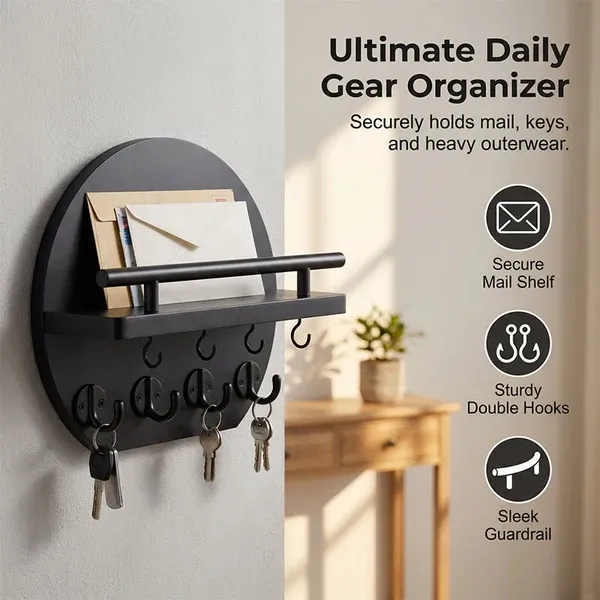 Wall Mount Key Holder with Shelf & Hooks