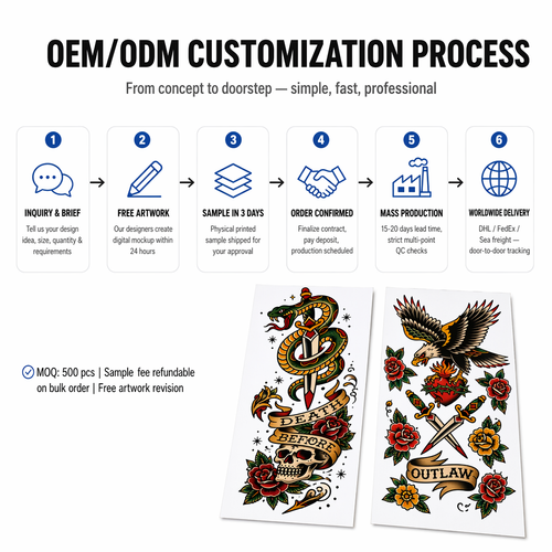 Full-arm temporary tattoo stickers, black, realistic, waterproof, long-lasting, body art custom tattoos (ten random designs)