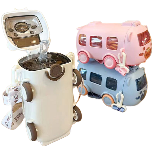 Bus-shaped straw plastic toy cup with portable shoulder strap, suitable for children, school, and babies a toy water bottle.