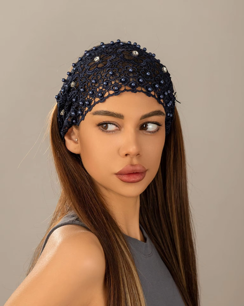 American-style new arrival: wide-brimmed, tie-back floral headband adorned with pearls – a velvet hair accessory for women