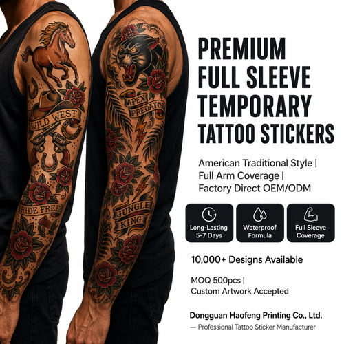 Full-arm temporary tattoo stickers, black, realistic, waterproof, long-lasting, body art custom tattoos (ten random designs)