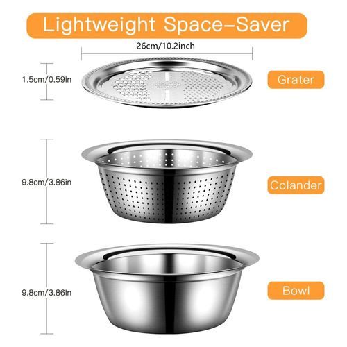 3-in-1 Colander, Mixing Bowl, and Drain Basket Set, Vegetable Chopper, Stainless Steel Grater and Drain Basket