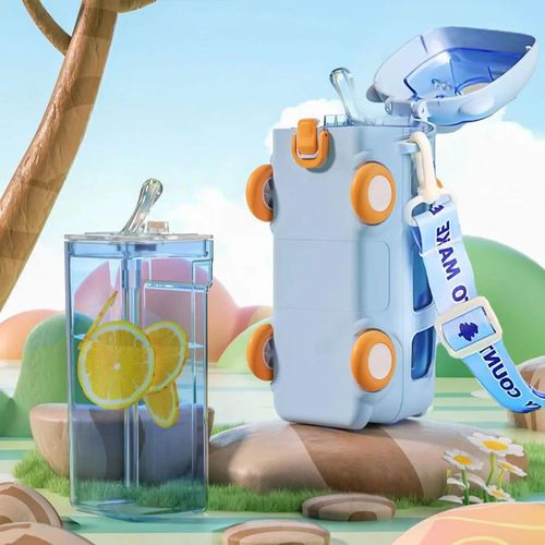 Bus-shaped straw plastic toy cup with portable shoulder strap, suitable for children, school, and babies a toy water bottle.