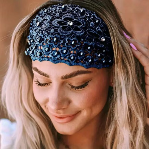 American-style new arrival: wide-brimmed, tie-back floral headband adorned with pearls – a velvet hair accessory for women