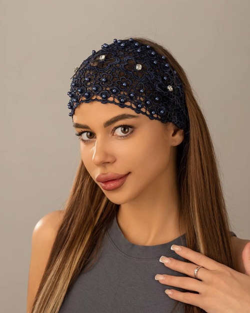 American-style new arrival: wide-brimmed, tie-back floral headband adorned with pearls – a velvet hair accessory for women
